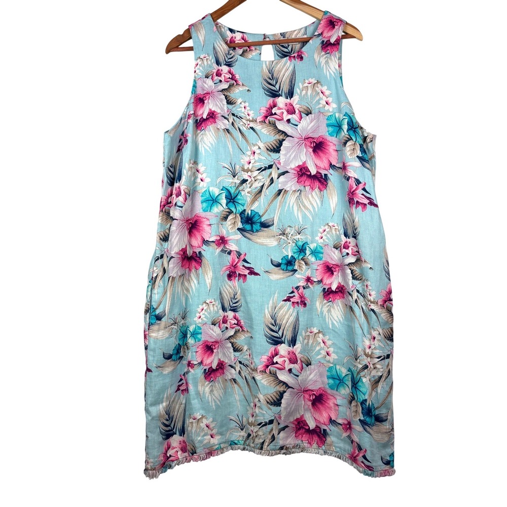 Tommy Bahama 100% Linen Sleeveless KneeLength Dress L Blue Tropical Floral Beach